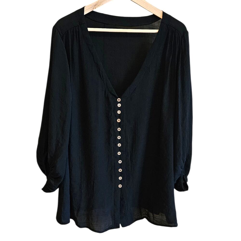 Plus Size Black Button Front Blouse 2XL Long Sleeve Lightweight Top
